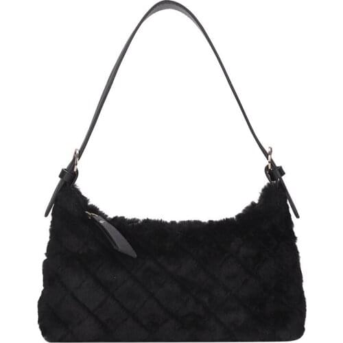 Fashion Lattice Pattern Underarm Bag Autumn Women Solid Color Plush Shoulder Handbags Portable Commuter Street Phone Purse