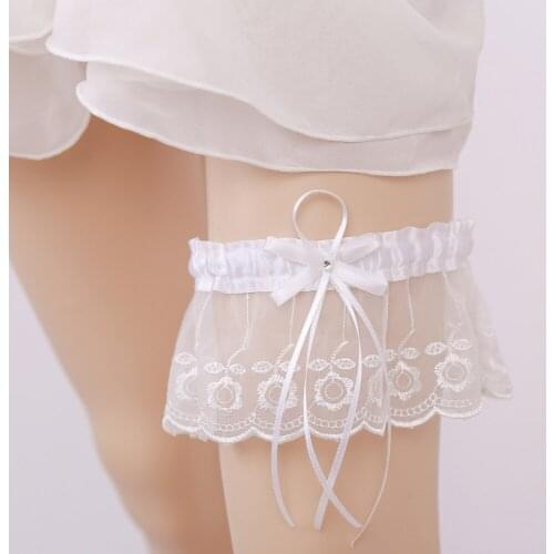 Embroidery Flower Wedding Garter Rhinestone White Bow Sexy Garters for Women Bride Accessory Thigh Ring Bridal Prom Garter