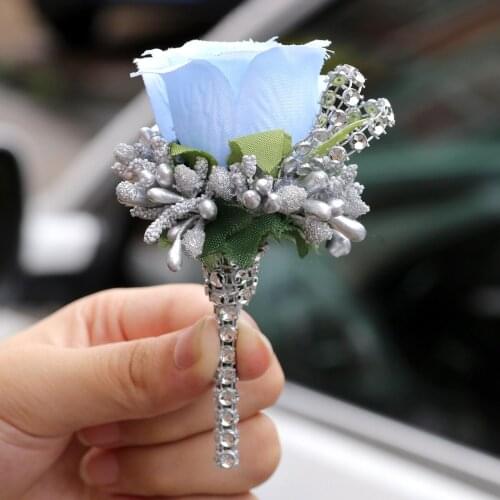 High Quality Bridal Groom Corsage Pin Boutonniere Baby Blue with Silver Diamond Wedding Party Accessories XH119FZ