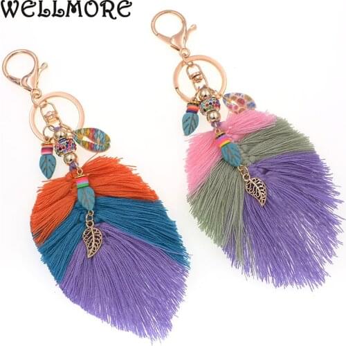 WELLMORE Bohemia key chains handmade leaf tassel alloy Key Chains For Women Girl Bag Key chains fashion jewelry wholesale