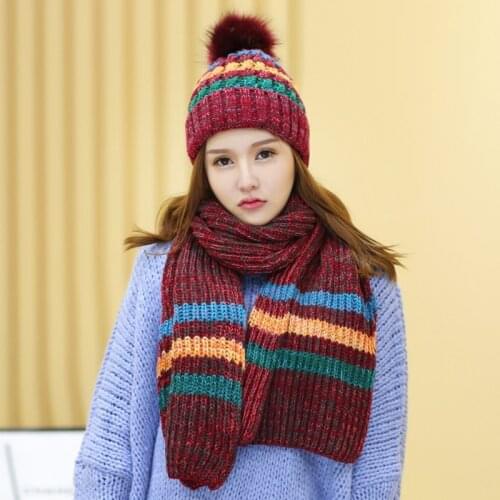Women Winter Crochet Knit 2Pcs Beanie Hat Long Scarf Shawl Wrap Set Contrast Color Striped Plush Lined Pompom Skull Cap