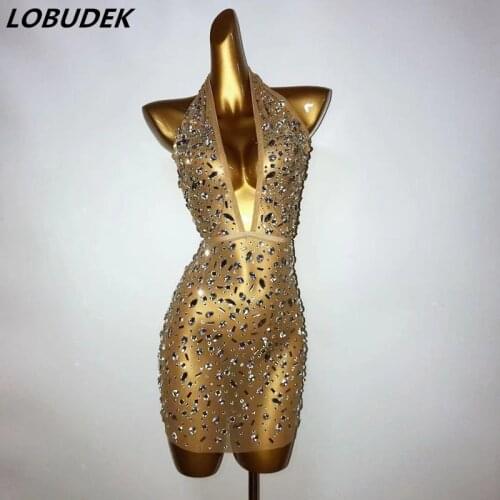 Bar Nightclub Women Costume Sexy Deep V Mesh Transparent Rhinestones Halter Short Dress Lady Birthday Prom Evening Party Outfit