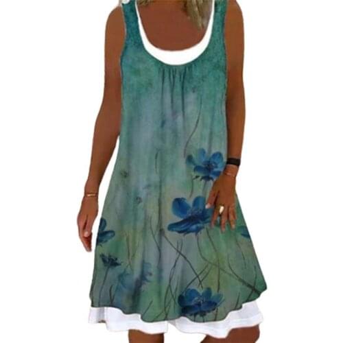 Printing Dress Summer Dress Floral Print Fake Two-piece Women Round Neck Sleeveless Dress Floral Print Women Printing Dress