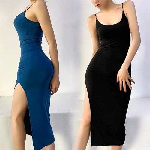 Womens dress 2021 summer hedging thin shoulder strap sling slim high waist bag hip split dress