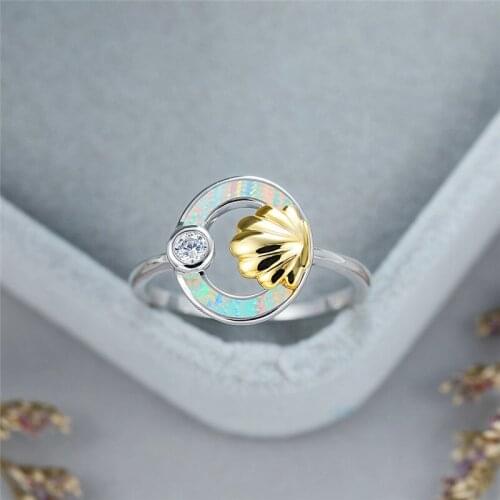Boho Female White Fire Opal Stone Ring Luxury Silver Color Engagement Ring Vintage Yellow Gold Shell Wedding Rings For Women