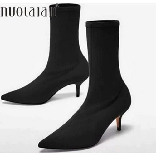 2019 Autumn Women Sock Boots Stretch Fabric Slip On 6CM High Heels Pointed Toe Ankle Boots Women Pumps Stiletto Ladies Shoes