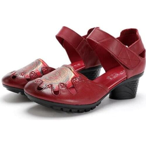 2020 New Summer Round Head Printing Genuine Leather Sandals Classic Fashion Charm Women Sandals Non-slip Wear High Heel Sandals