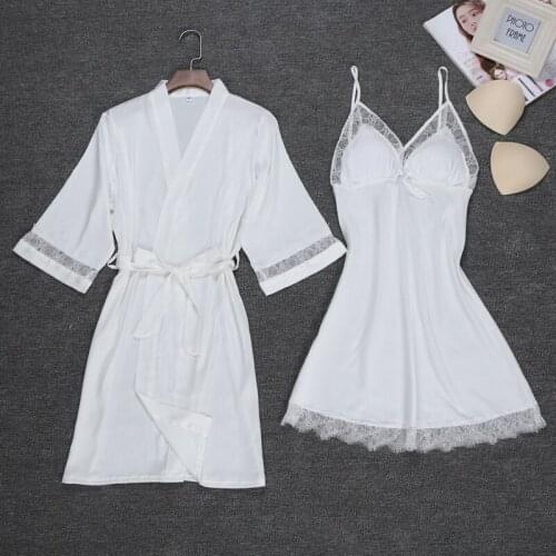 2019 Short Sleeve Silk Frenulum Sexy Robe Bathrobe Belt Breast Pad Sexy Home Furnishing Clothes