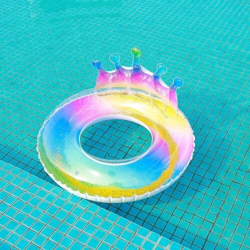 3 Sizes PVC Crown Swimming Ring with Sequin Decoration Rainbow Colorful Inflatable Water Floating Tools Fitness Equipment