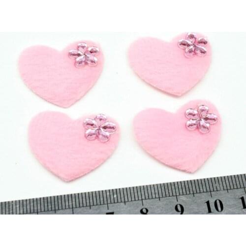 400pcs sale Heart Appliques 30mm x 25mm pink fluffy velvet Hearts with - Flower resin rhinestone - Heart Embellishment