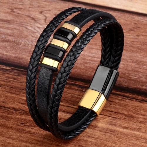 Mens Genuine Leather Bracelet With Gold Sliver Stainless Steel Magnet Clasp Braid 3 Layers Chain Punk Bracelet For Men Gift