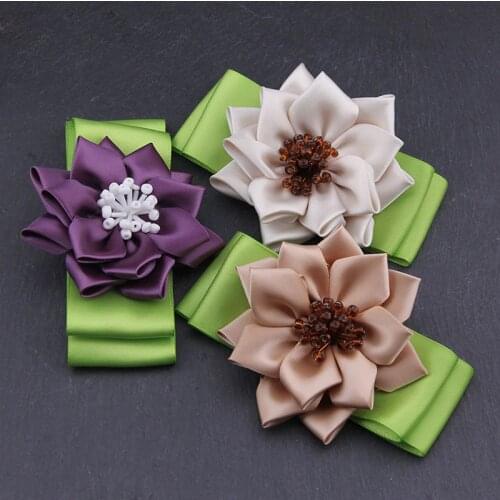 Womens Trendy Glass Beads Petal Ribbon Hand-folded Flowers Green Bowknot Brooch Pin Jewelry Cloth Art Accessories Jewelry Gifts