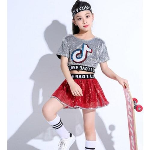 Kids Jazz Dance Costumes for Girl Hiphop Set for Girl Stage Performance Cheerleader Costumes Holographic Sequin Top+Skirt Set