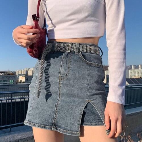 Notched Denim Skirt High Waist With Side Slit Safety-Shorts Cute Mini Jean Skirts Aesthetic Y2K Student Girl Women Streetwear