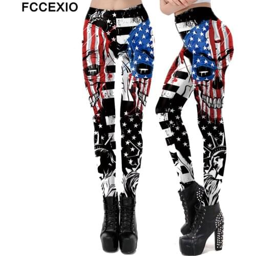 FCCEXIO Cosplay Trousers Casual Elastic Plus Size Workout Legging Womens Skull Flag Printed Leggings Sexy Leggins mujer