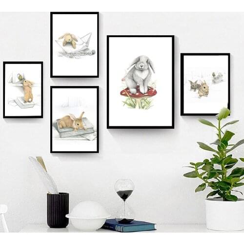 Cute Rabbit Canvas Painting Nordic Style Posters and Prints for Living Room Painting on The Wall Metal Organic Glass Frame