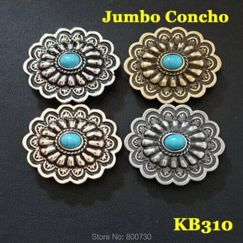KB310) 10pc 1-3/8''(3.5cm) Metal Jumbo Stamped Blank Concho w/ Blue Stone Screwback Leathercraft