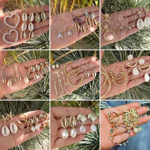 9Style Fashion Women Earrings Set Charm Heart Shell Starfish Conch Gem Pearl Geometric Pendant Earring Party Jewelry Gift