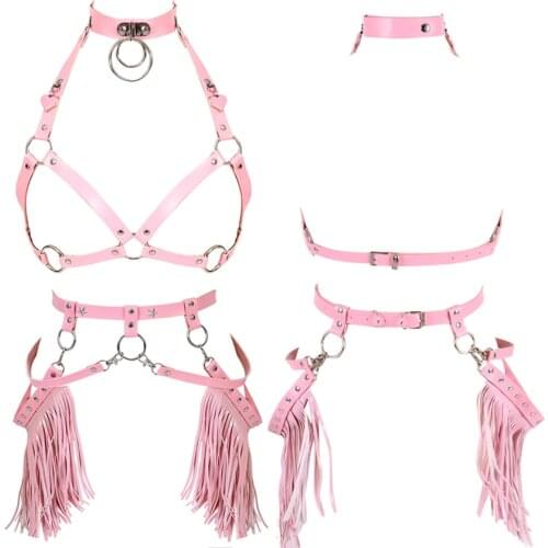 Leather Garter Belt Set Harajuku Punk Harness Bra Tassel Belts Strap Top Cage Neck Body Bondage Festival Rave Dance Art Clothing