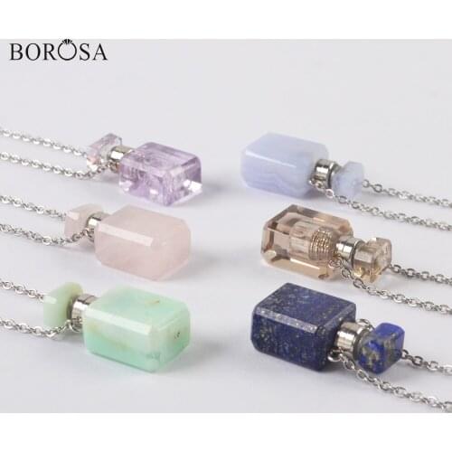 Tiny Chic Gems Stones Perfume Bottle Necklace for Women Silver Plated Agates Amethysts Essential Oil Diffuser Necklaces WX1754