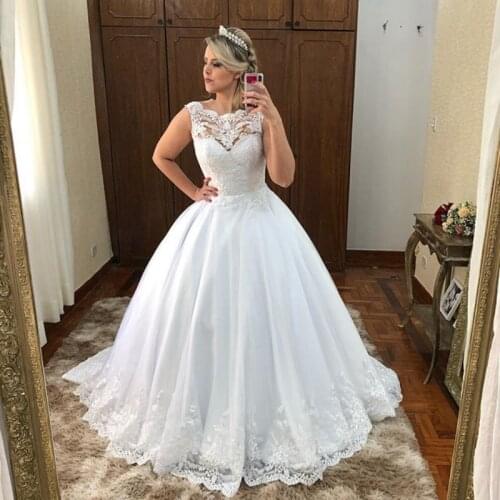 Princess Lace Appliques Wedding Dresses 2021 Sleeveless Buttons Back Floor Length Bridal Wedding Gowns Vestido De Noiva