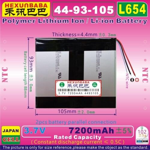 [L654] 3.7V 7200mAh [4493105] NTC,3 WIRE,Polymer lithium ion / Li-ion battery for tablet pc,POWER mobile bank;e-book,P85,VI40