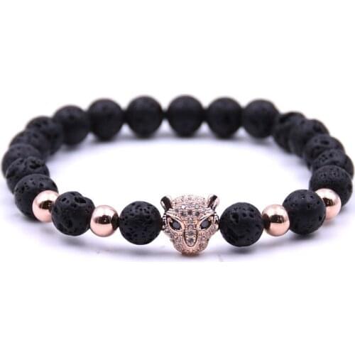 Natural Stone Mens Bracelet Charm Black Lava Stone Beads Leopard Head Elastic Rope Bracelet Ladies Lucky Bracelet Mens Jewelry