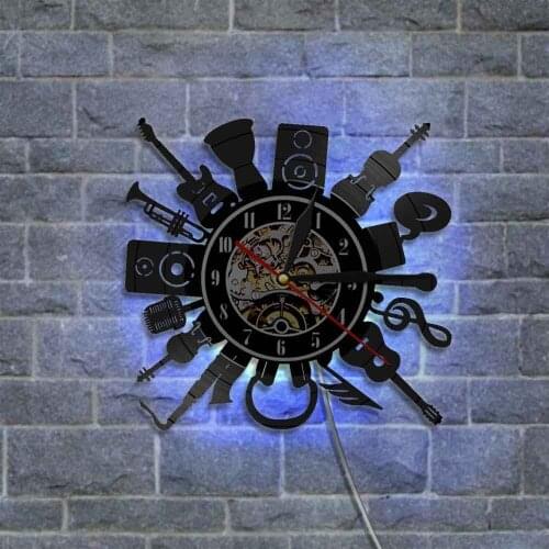 Music Band Silhouette Musical Instruments Wall Decor Musicians Wall Clock Jazz Music Group Vintage Vinyl Record Music Wall Clock