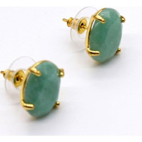 Kraft-beads Light Yellow Gold Color Oval Section Original Green Aventurine Stud Earrings Ethnic Jewelry