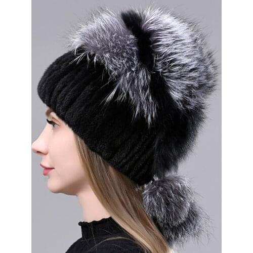 Womens Mink Fur Hat Winter Knitted Beanie Cap Natural Real Fur Hat With Balls Fluffy Fox Fur Decoration Stylish Fur Hat