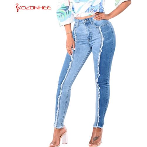 Women Stretch White tassels Jeans With High Waist Elasticity Plus Size Pencils Splice Denim Pants Casual Jeans For Girls