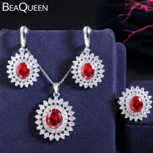 BeaQueen Gorgeous Big Oval Ruby Red Cubic Zirconia Crystal 3 Pieces Flower 925 Sterling Silver Jewelry Sets for Women Gift JS255