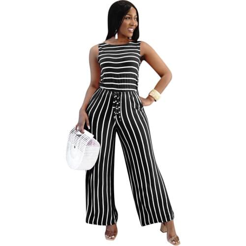 S-2XL Summer Casual Simple Black Wide Leg Jumpsuit Women Stripe Sleeveless Outfit Round Neck Loose Romper Wholesale Dropshipping