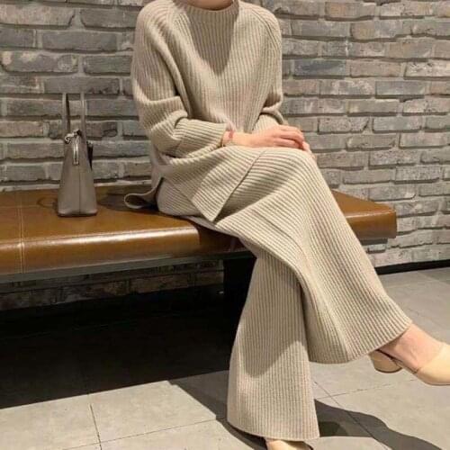 Autumn And Winter Plus Size Knitted Suit Temperament Loose Sweater Wide Leg Pants Two-piece Women