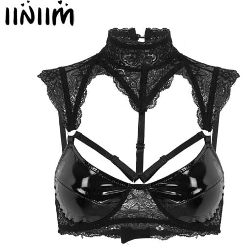 Womens Fashion Moto Lace Lingerie Dance Tops Leather Latex Cups Hollow Out Wire-free Unlined Bra Crop Tops Pole Parties Clubwear