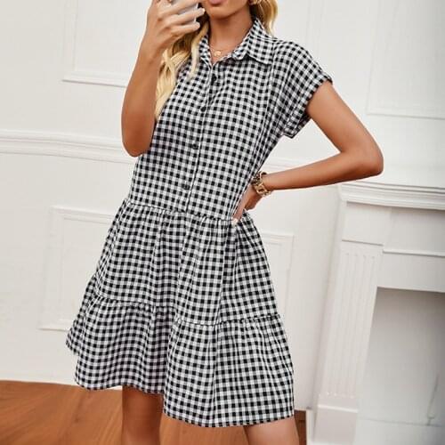 Womens New Fashion Plaid Lapel Loose Dress