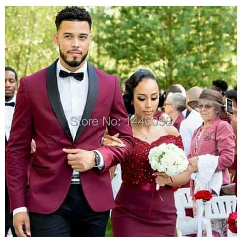 2018 Burgundy Mens Dinner Party Prom Suits Groom Tuxedos Groomsmen Wedding Blazer Best Man Suits (Jacket+Pants+bow)
