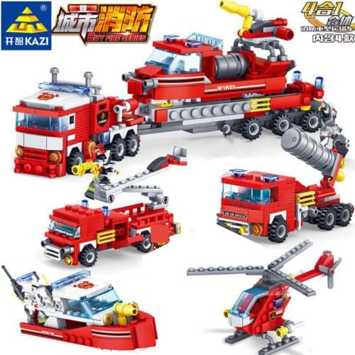348Pcs City Fire Fighting Trucks Car Helicopter Boat Building Blocks Firefighter Juguetes Bricks Playmobil Kids Toys