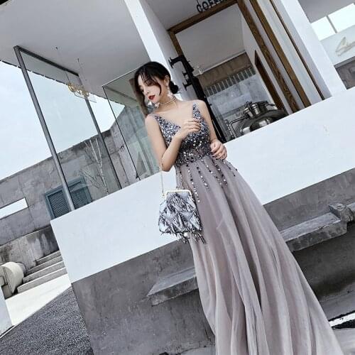 Beading Prom Dresses Long 2021 V Neck Light Gray High Split Tulle Sweep Train Sleeveless Evening Gown A-line Backless Sparkly