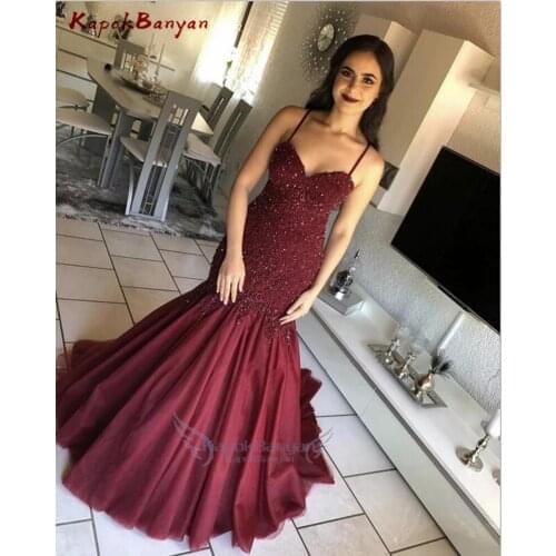 Burgundy Lace Beaded Mermaid Evening Dress Zipper Satin Long Sweetheart Formal Party Gown Sweep Train