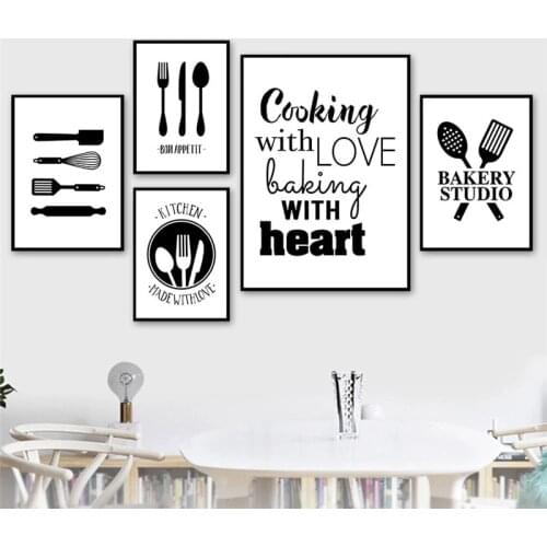 Black White Cooking With Love Kitchen Quote Wall Art Canvas Painting Prints Posters Kitchen Dining Room Decoration Picture
