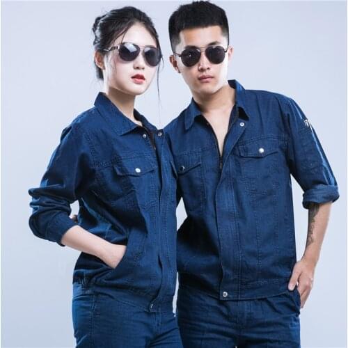 Denim work clothing men women working coverall summer breathable long sleeve comfortable jeans uniforms multi pockets workwear