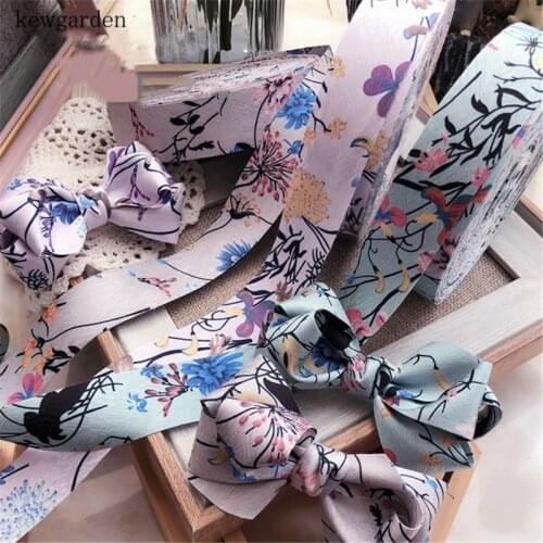 Kewgarden DIY Bow tie Hair Accessories 3cm 30mm High Quality Printed Chrysanthemum Satin Ribbons Handmade Tape Webbing 10 Meters