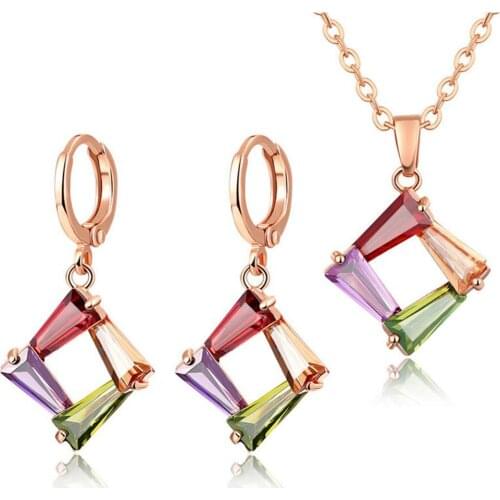 New Arrival Rose Gold color Jewelry Sets Fashion Multi-Color Zircon Stone Necklace Earring set Wedding & Engagement Jewelry