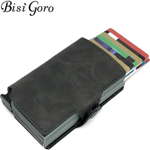 BISI GORO 2019 Men And Women 2 Metal Credit Card Holder Aluminium RFID Blocking PU Wallet Hasp Mini Vintage Wallet Hold 14 Cards