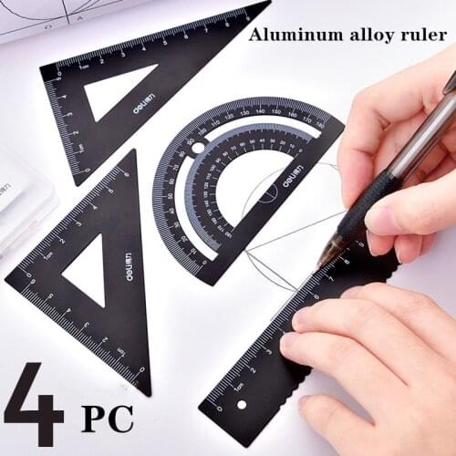 Deli aluminum alloy four piece ruler, student stationery ruler + triangle ruler + protractor multifunctional office stationery