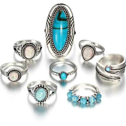 17KM Vintage Geometric Stone Opal Rings Set For Woman Bohemian Antique Silver Color Knuckle Shield Rings Fashion Party Jewelry