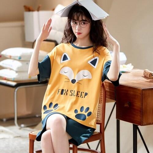 Summer Korean Fashion Green O-neck Women Short Sleeve Pajamas Sets Cotton Homewear Kawaii Fox Sleep Cartoon Print Girl Sleepwear