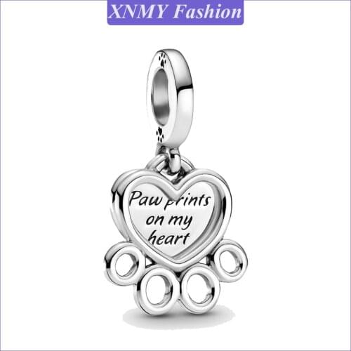 XNMY Animal Collection Silver Color Hearts & Paw Print Dangle Charm Pendant Fit Original Pandora Bracelet Necklace DIY Jewelry