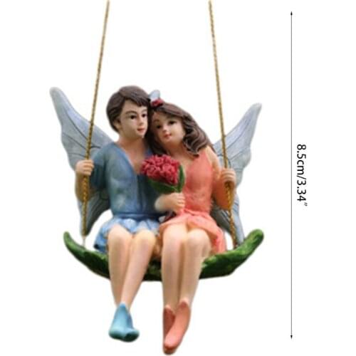 W3JE Romantic Couple Newlyweds Figurines Swing Flower Fairy Garden Micro Landscape Pendant Resin Craft